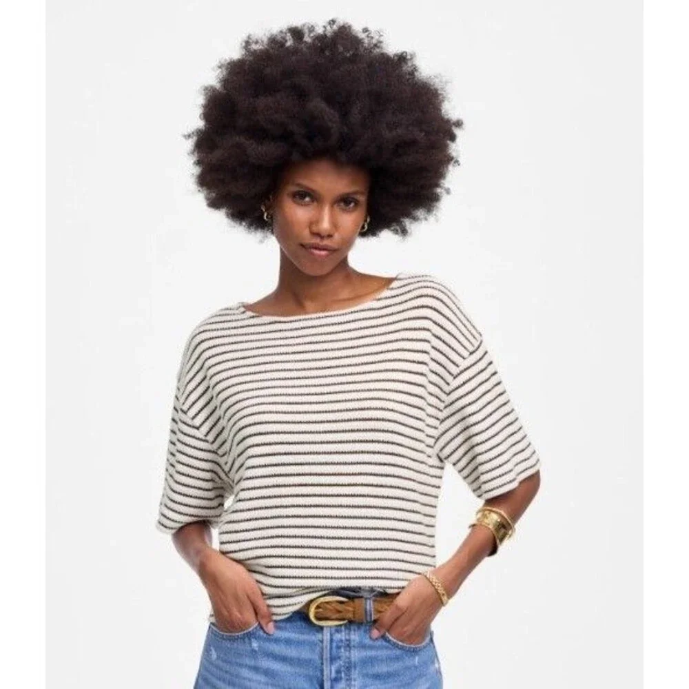 Madewell Textured Stripe Short Sleeve Sweater Top Women White Brown Size Large - Picture 1 of 12